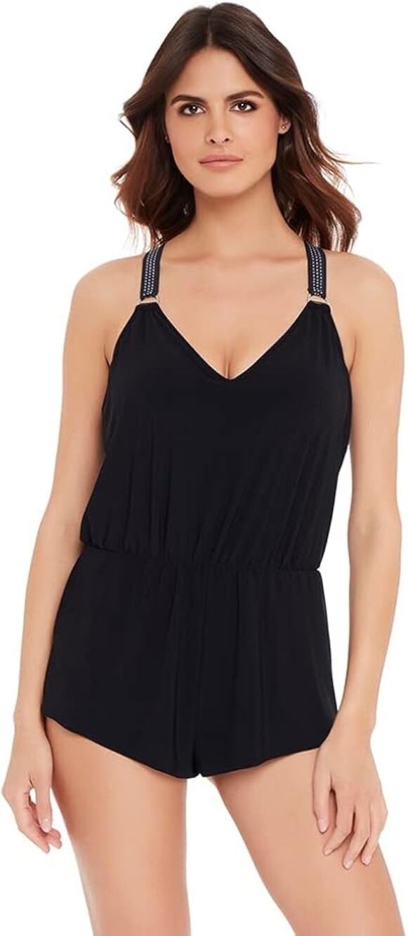 MAGICSUIT Swimsuit Romper Size 10 Black Silver Star Studded Gabby Racerback
